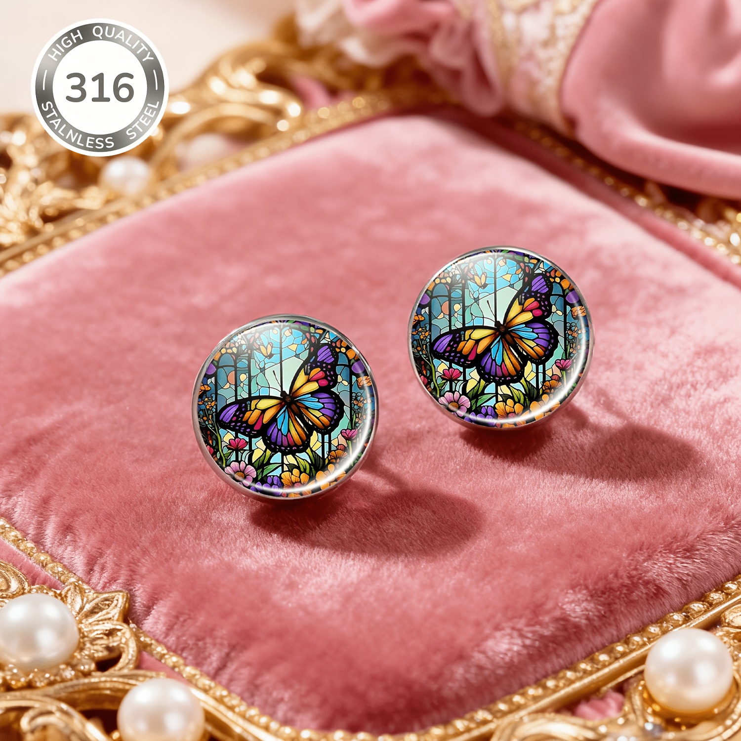 Colorized Butterfly Decorated Glass Style Round Stud Earrings